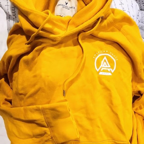American Eagle 1977 Sweatshirt Mens Size Small Yellow Drawstring Hoodie Pocket - Picture 5 of 5